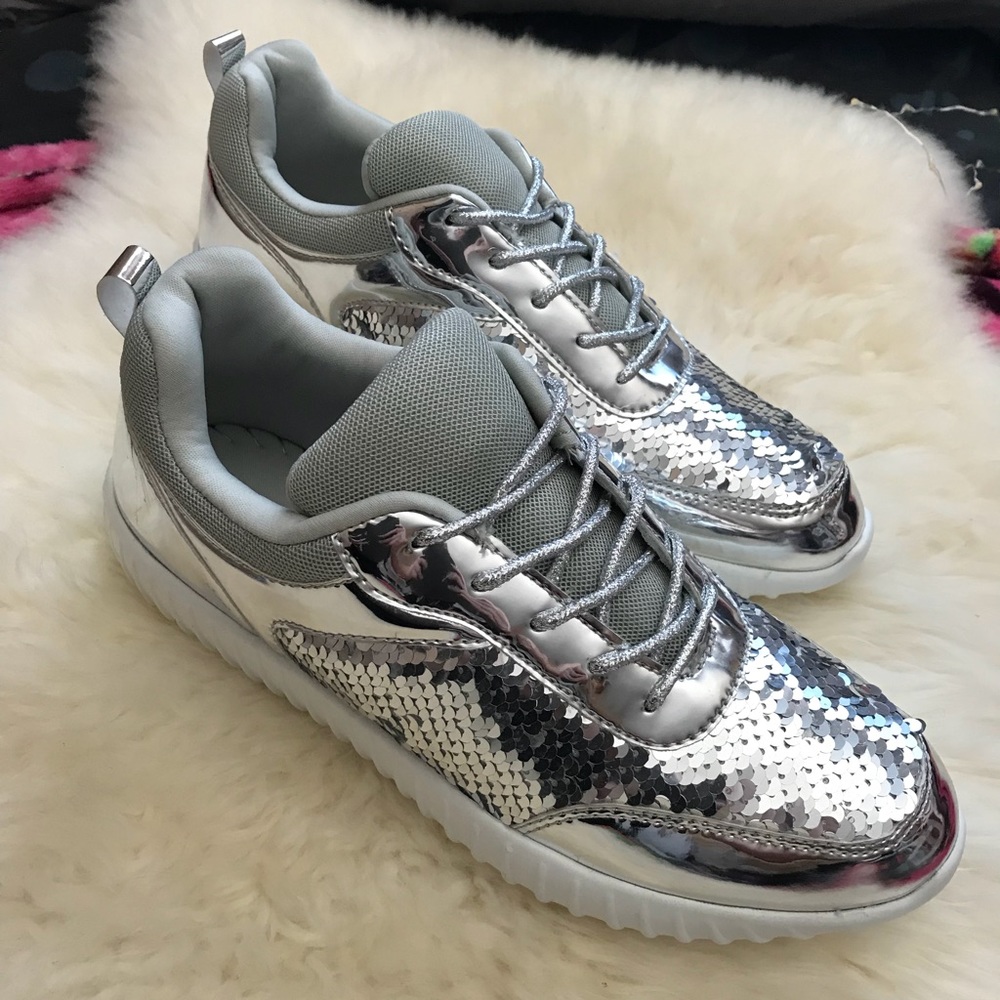 NWT Silver sequence gym shoes. Shiny metallic hot